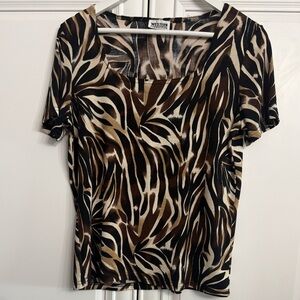 Western Connection Large Short Sleeve Square Neck Top In Black/Brown Zebra Print